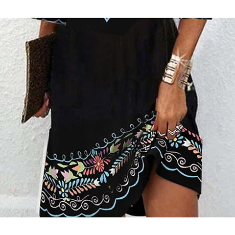 Women's Casual Dress Ethnic Dress Mini Dress Black 3/4 Length Sleeve Pure Color Print Summer Spring Fall V Neck Stylish S M L XL XXL 3XL