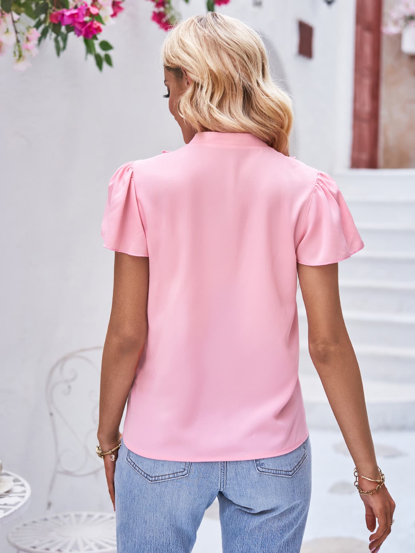 Tie Neck Frill Trim Puff Sleeve Top