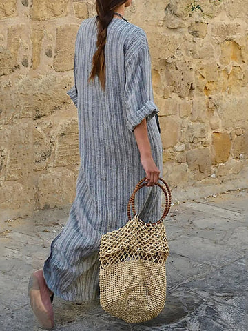 Women's Cotton Linen Dress Casual Dress Tartan Dress Maxi long Dress Cotton And Linen Casual Outdoor Daily Holiday Split Neck Rolled Cuff Print Long Sleeve Summer Spring Fall Loose Fit Red Green