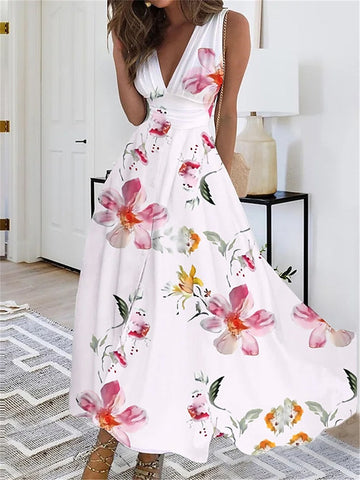 Women's Long Dress Maxi Dress Casual Dress Swing Dress A Line Dress Floral Butterfly Fashion Streetwear Outdoor Daily Date Print Sleeveless V Neck Dress Regular Fit Black White Yellow Summer Spring S