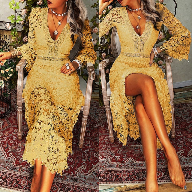 Women's Party Dress Lace Dress Homecoming Dress Long Dress Maxi Dress White Yellow Pink Long Sleeve Pure Color Lace Summer Spring Fall Deep V Fashion Winter Dress Birthday Wedding Guest S M L XL