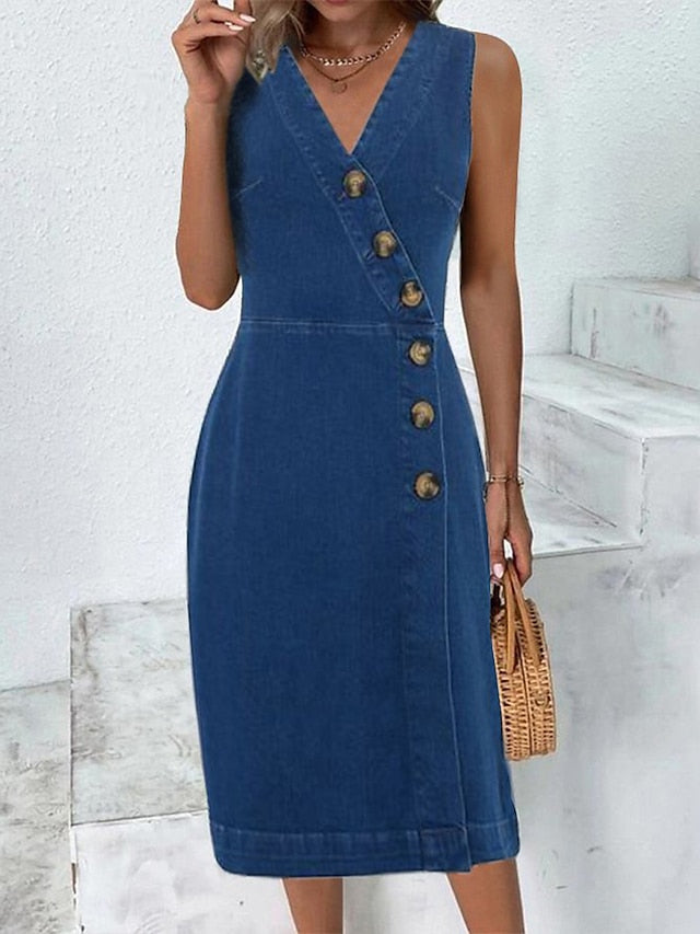 Women's Denim Dress Work Dress Bodycon Midi Dress Denim Fashion Modern Outdoor Office Daily V Neck Button Sleeveless Summer Spring Loose Fit Black Blue Plain S M L XL 2XL