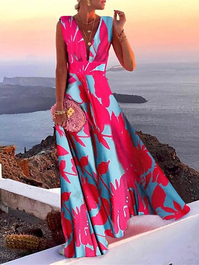 Women's Casual Dress Swing Dress Floral Dress Long Dress Maxi Dress Green Blue Pink Sleeveless Floral Print Spring Summer Deep V Hot Daily S M L XL XXL