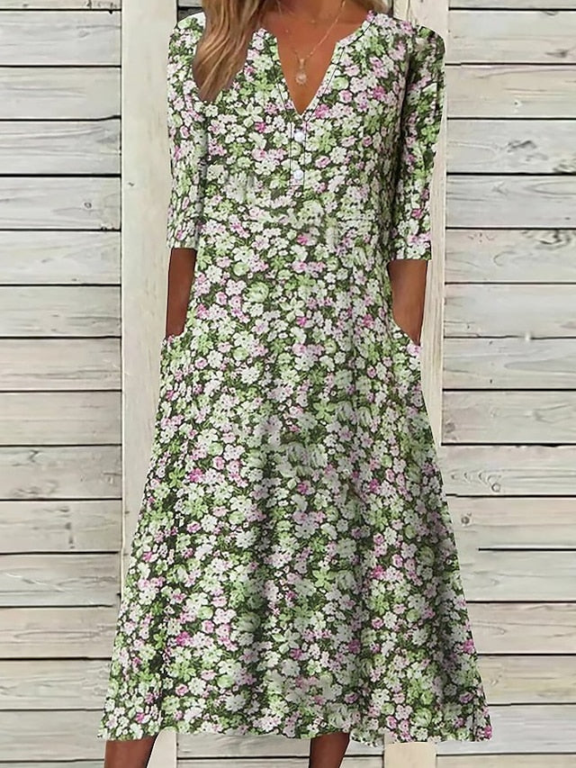 Women's Casual Dress Floral Dress Midi Dress Blue Purple Green Half Sleeve Floral Ruched Summer Spring V Neck Stylish Vacation S M L XL XXL 3XL