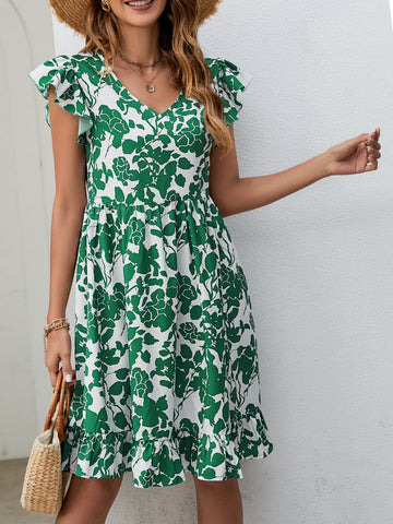 Floral V-Neck Flutter Sleeve Dress