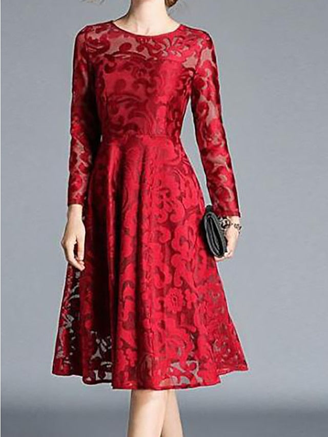 Women's Party Dress Lace Dress Swing Dress Midi Dress Wine Red Black Blue Long Sleeve Pure Color Lace Winter Fall Spring Crew Neck Elegant Party Winter Dress Wedding Guest S M L XL 2XL 3XL