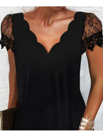 Women's Lace Dress A Line Dress Short Mini Dress Black Short Sleeve Pure Color Lace Spring Summer V Neck Elegant Loose S M L XL XXL XXXL / Party Dress