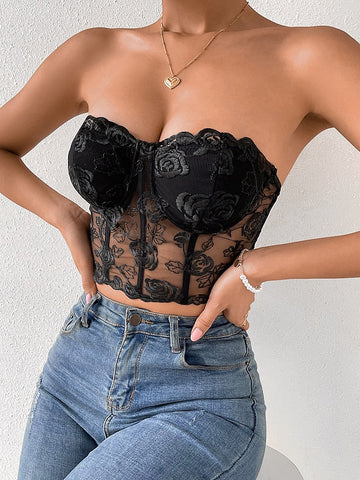 Women's Corset Bustier Black White Pink Floral Lace Backless Sleeveless Holiday Weekend Streetwear Sexy Y2K Strapless Crop Floral S