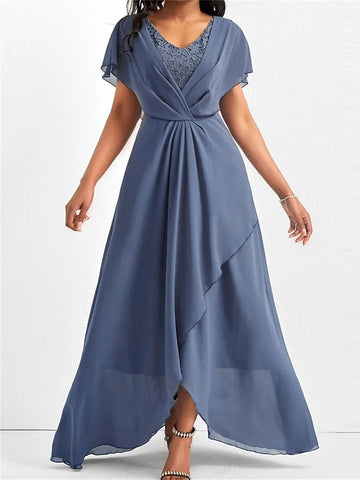 Women's Party Dress Wedding Guest Dress Swing Dress Long Dress Maxi Dress Blue Short Sleeve Pure Color Lace Summer Spring V Neck Fashion Birthday Evening Party Wedding Guest S M L XL 2XL 3XL