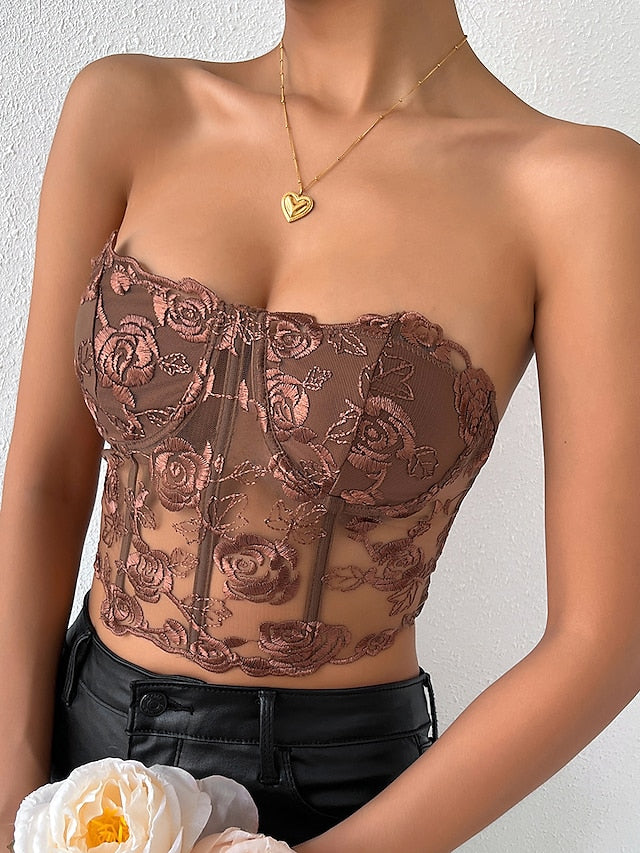 Women's Corset Bustier Black White Pink Floral Lace Backless Sleeveless Holiday Weekend Streetwear Sexy Y2K Strapless Crop Floral S