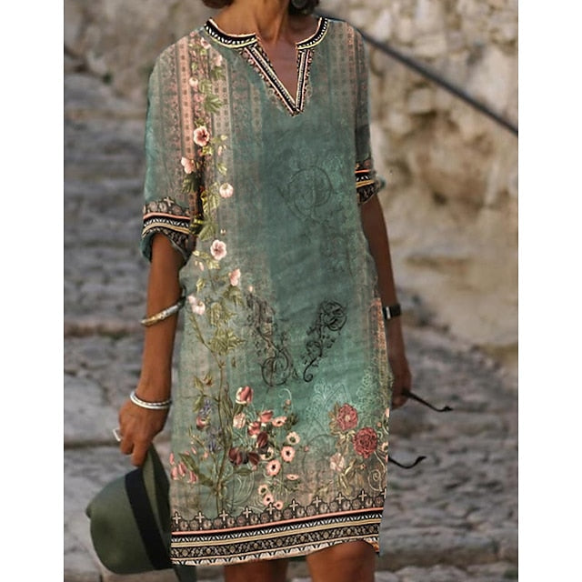 Women's Casual Dress Shift Dress Midi Dress Green Half Sleeve Floral Print Fall Spring Summer V Neck S M L XL XXL 3XL