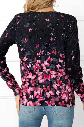 Floral Button Front Round Neck Cardigan