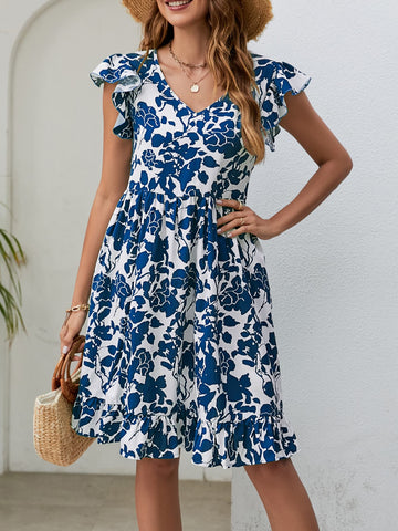 Floral V-Neck Flutter Sleeve Dress