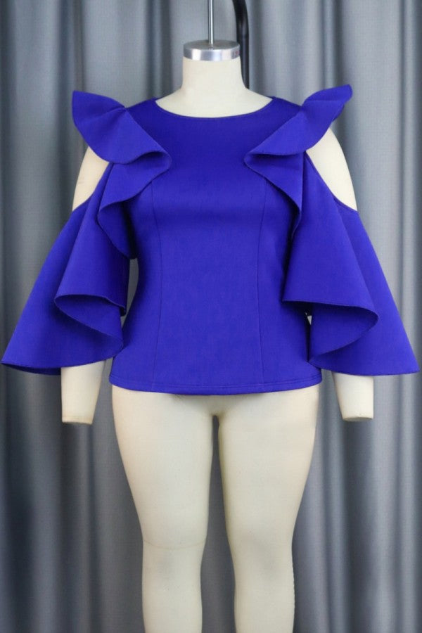 Pbong - Blue Casual Solid Hollowed Out Patchwork Flounce O Neck Tops