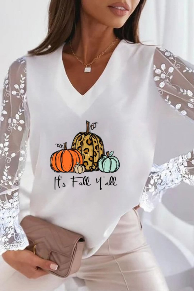 Pbong - White Orange Casual Print Patchwork V Neck Tops