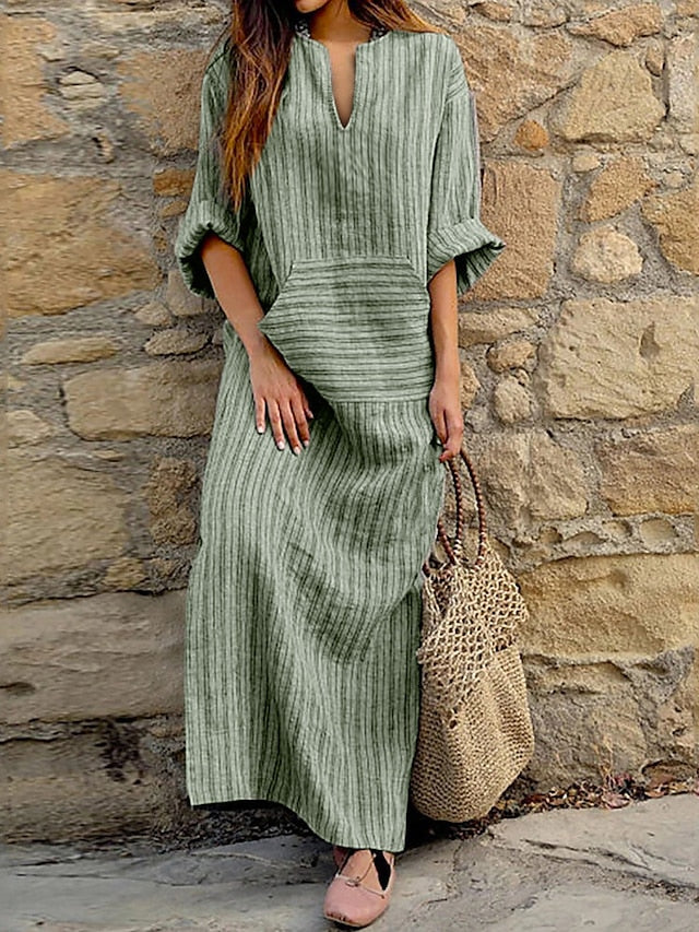 Women's Cotton Linen Dress Casual Dress Tartan Dress Maxi long Dress Cotton And Linen Casual Outdoor Daily Holiday Split Neck Rolled Cuff Print Long Sleeve Summer Spring Fall Loose Fit Red Green