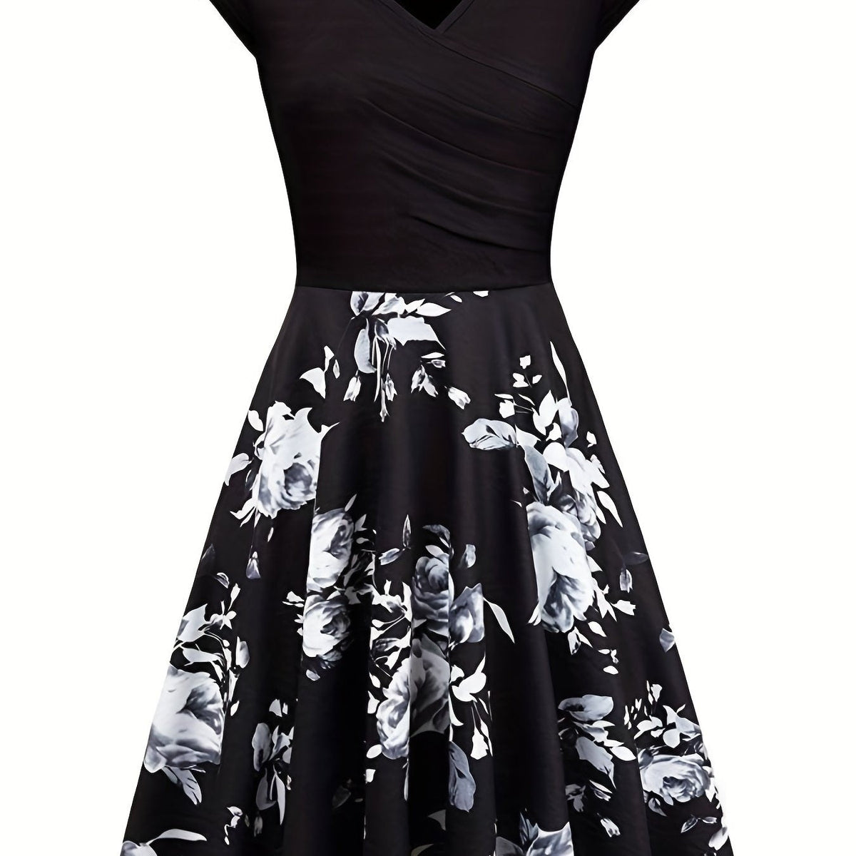 Floral Print V Neck Dress, Elegant Short Sleeve Dress For Spring & Summer, Women's Clothing