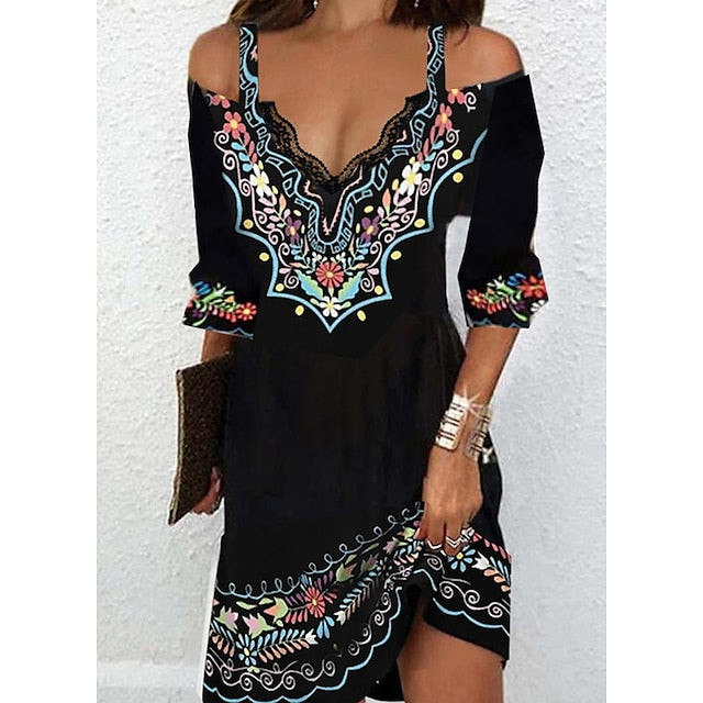 Women's Casual Dress Ethnic Dress Mini Dress Black 3/4 Length Sleeve Pure Color Print Summer Spring Fall V Neck Stylish S M L XL XXL 3XL