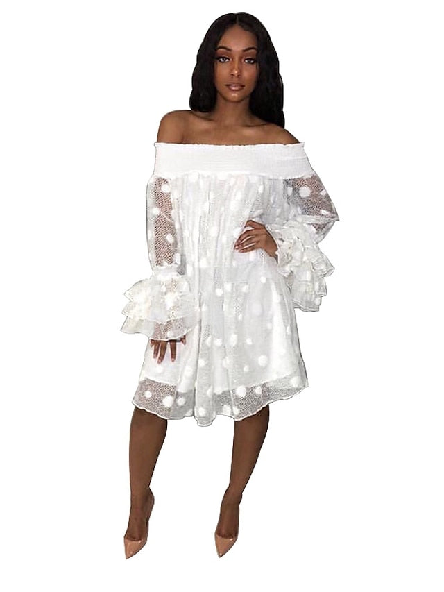 Women's Party Dress Lace Dress Cocktail Dress Knee Length Dress White Long Sleeve Polka Dot Mesh Summer Spring Fall Off Shoulder Hot Party Winter Dress Birthday Loose Fit S M L XL XXL 3XL