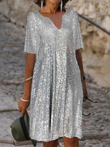 Women's Wedding Guest Dress Party Dress Sequin Dress Midi Dress Silver Short Sleeve Pure Color Sequins Summer Spring Split Neck Party Office Vacation Summer Dress S M L XL 2XL 3XL