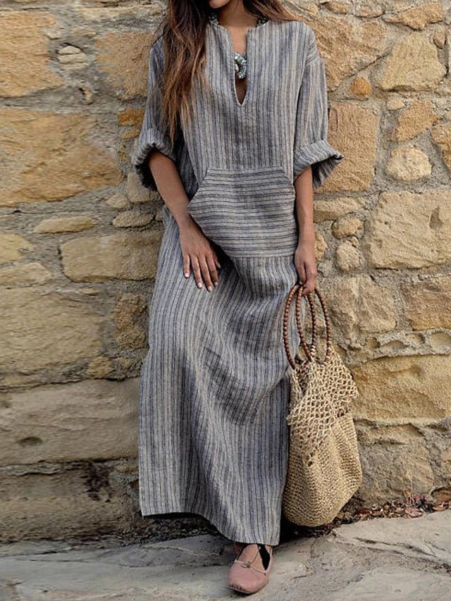 Women's Cotton Linen Dress Casual Dress Tartan Dress Maxi long Dress Cotton And Linen Casual Outdoor Daily Holiday Split Neck Rolled Cuff Print Long Sleeve Summer Spring Fall Loose Fit Red Green