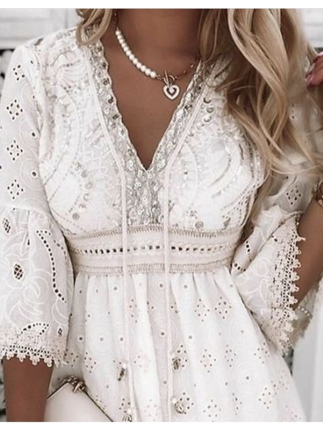 Women's Party Dress Casual Dress Lace Dress Mini Dress White Beige 3/4 Length Sleeve Embroidery Ruched Summer Spring Fall V Neck Fashion Wedding Summer Dress Office S M L XL 2XL 3XL