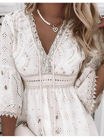 Women's Party Dress Casual Dress Lace Dress Mini Dress White Beige 3/4 Length Sleeve Embroidery Ruched Summer Spring Fall V Neck Fashion Wedding Summer Dress Office S M L XL 2XL 3XL