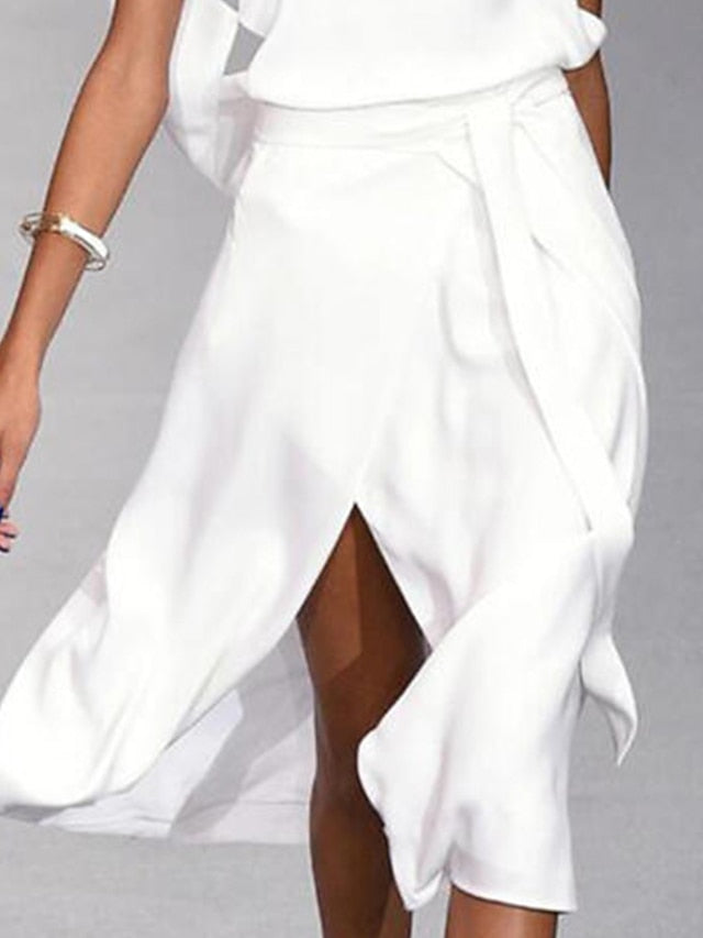 Women's A Line Dress Midi Dress White Black Gray Sleeveless Pure Color Split Spring Summer cold shoulder Personalized Stylish Elegant Loose S M L XL XXL