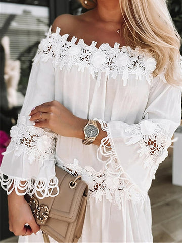 Women's Casual Dress Lace Dress Shift Dress Plain Lace Backless Off Shoulder Mini Dress Basic Elegant Outdoor Daily 3/4 Length Sleeve Loose Fit White Spring Summer S M L XL XXL