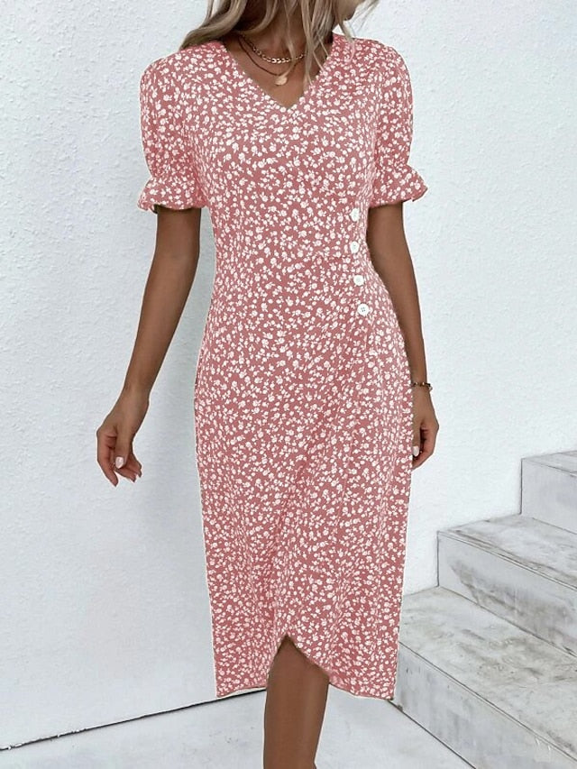 Women's Casual Dress Wrap Dress Floral Dress Floral Button Print V Neck Midi Dress Fashion Classic Daily Holiday Short Sleeve Regular Fit Black Dark Red Yellow Summer Spring S M L XL XXL