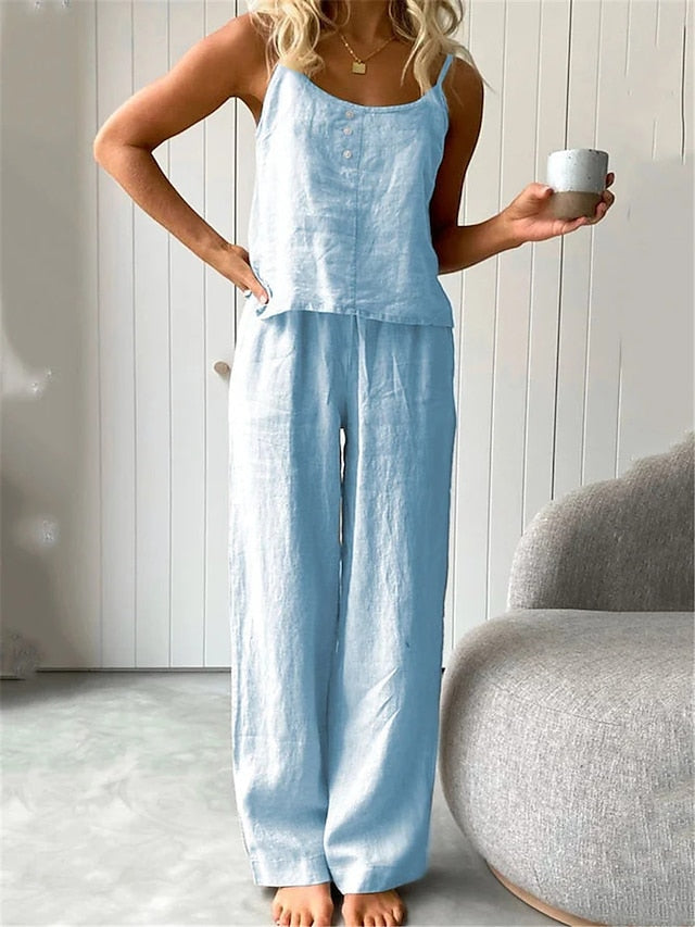 Women's Cotton And Linen Loungewear Sets Pure Color Fashion Simple Casual Street Daily Date  Breathable Straps Sleeveless Strap Top Pant Pocket Summer Spring White Blue