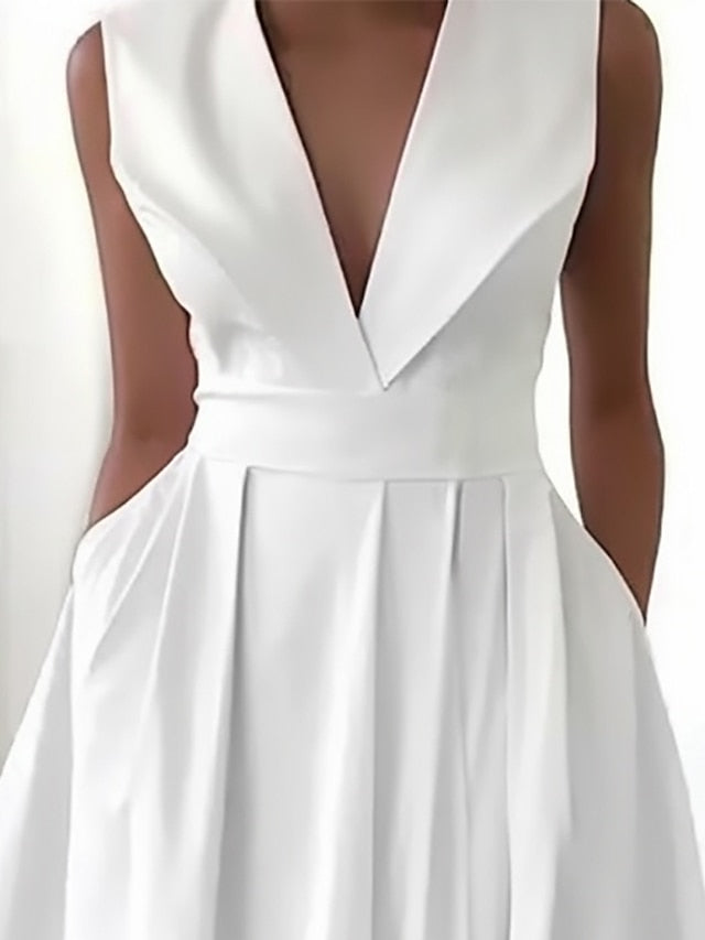 Women's Party Dress Swing Dress White Dress Midi Dress White Sleeveless Pure Color Ruched Summer Spring V Neck Fashion Birthday Wedding Guest Vacation Loose Fit S M L XL 2XL 3XL