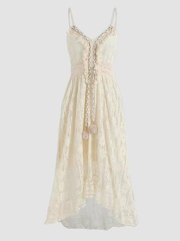 Women's Swing Dress Maxi long Dress White Beige Sleeveless Print Embroidered Lace Spring Summer V Neck Casual Boho S M L XL XXL