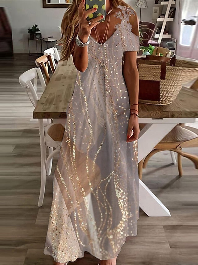 Women's Long Dress Maxi Dress Casual Dress A Line Dress Summer Dress Marbling Fashion Modern Outdoor Daily Holiday Lace Hole Short Sleeve V Neck Dress Regular Fit Khaki Summer Spring S M L XL XXL