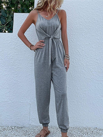 Women's Jumpsuit Lace up Pleated Solid Color V Neck Streetwear Sport Daily Regular Fit Spaghetti Strap Gray S M L Summer