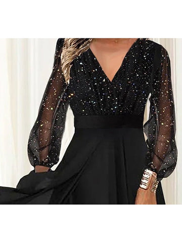 Women's Semi Formal Party Dress Wedding Guest Dress Swing Dress Midi Dress Black Long Sleeve Polka Dot Sequins Winter Fall Spring V Neck Stylish Vacation S M L XL XXL 3XL