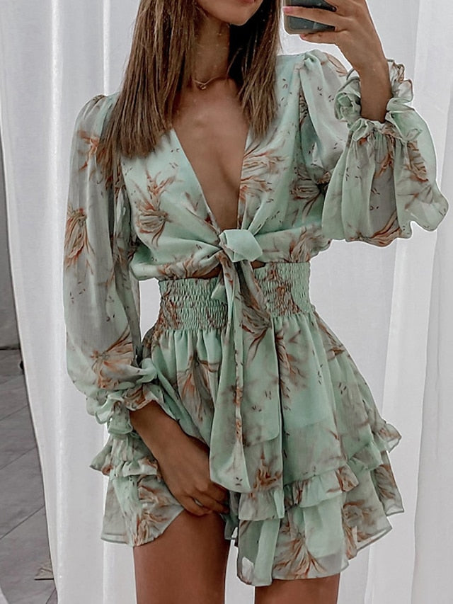 Women's Casual Dress Chiffon Dress A Line Dress Mini Dress Pink Green Gray Long Sleeve Floral Print Summer Spring Deep V Vacation S M L XL