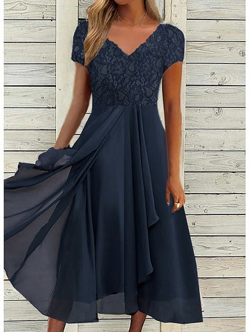 Women's Party Dress Chiffon Dress Formal Dress Midi Dress Navy Blue Short Sleeve Floral Ruched Spring Summer V Neck Vacation Wedding Guest Date Vacation S M L XL XXL 3XL