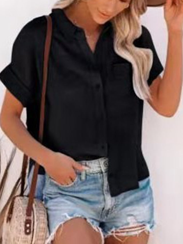 Women's Shirt Blouse Black White Plain Button Pocket Short Sleeve Casual Basic Shirt Collar Regular Cotton S