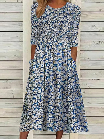 Women's Casual Dress Floral Dress Summer Dress Floral Ruched Pocket Crew Neck Midi Dress Fashion Modern Outdoor Daily Half Sleeve Regular Fit White Blue Green Summer Spring S M L XL XXL