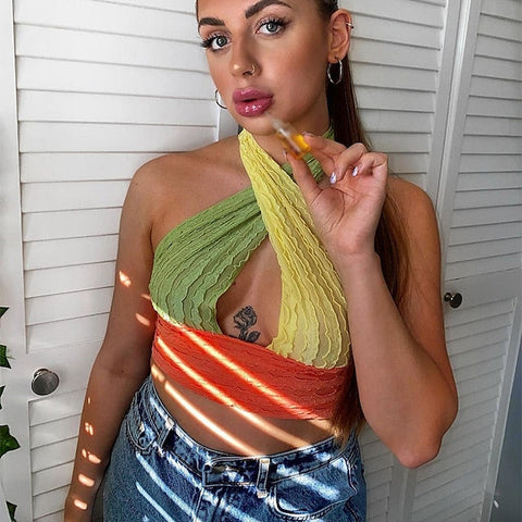 Women's Cross Front Halter Crop Top T-shirt Graphic Tie Back Halter Tee Y2K Clubwear Street Style Summer