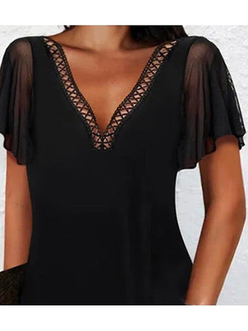 Women's Casual Dress Lace Dress Mini Dress Black Short Sleeve Pure Color Hollow Out Summer Spring V Neck Modern  S M L XL 2XL 3XL