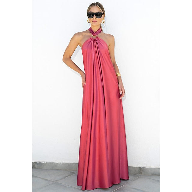 Women's Satin Dress Maxi long Dress Green Blue Orange Sleeveless Pure Color Backless Summer Halter Neck Stylish Elegant Casual Loose S M L XL