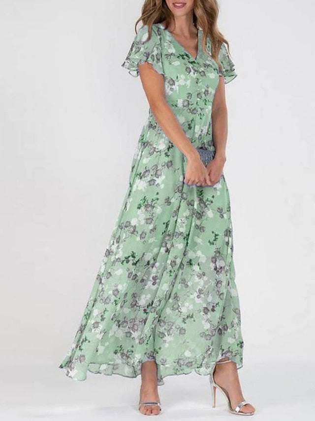 Women's Casual Dress Swing Dress Floral Dress Chiffon Long Dress Maxi Dress Green Blue Light Blue Short Sleeve Floral Ruffle Spring Summer V Neck Fashion Daily Date Vacation S M L XL XXL 3XL