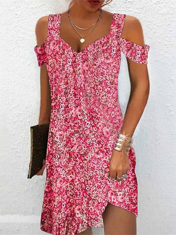 Women's Casual Dress Floral Dress Summer Dress Floral Cold Shoulder Print Strap Mini Dress Fashion Streetwear Outdoor Daily Short Sleeve Regular Fit Pink Summer Spring S M L XL XXL