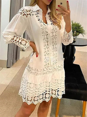 Women's Shirt Dress Casual Dress Cotton Linen Dress Mini Dress Lace Basic Classic Outdoor Daily Vacation Shirt Collar Lace Patchwork Long Sleeve Summer Spring Fall Loose Fit White Sky Blue Plain