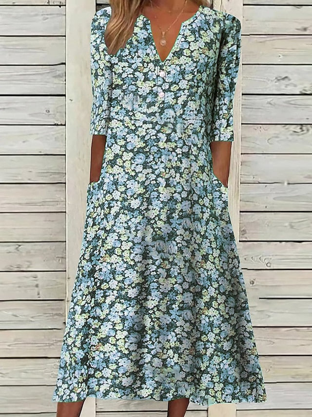 Women's Casual Dress Floral Dress Midi Dress Blue Purple Green Half Sleeve Floral Ruched Summer Spring V Neck Stylish Vacation S M L XL XXL 3XL