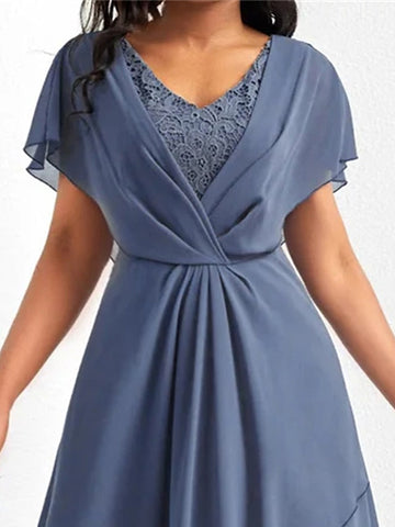 Women's Party Dress Wedding Guest Dress Swing Dress Long Dress Maxi Dress Blue Short Sleeve Pure Color Lace Summer Spring V Neck Fashion Birthday Evening Party Wedding Guest S M L XL 2XL 3XL