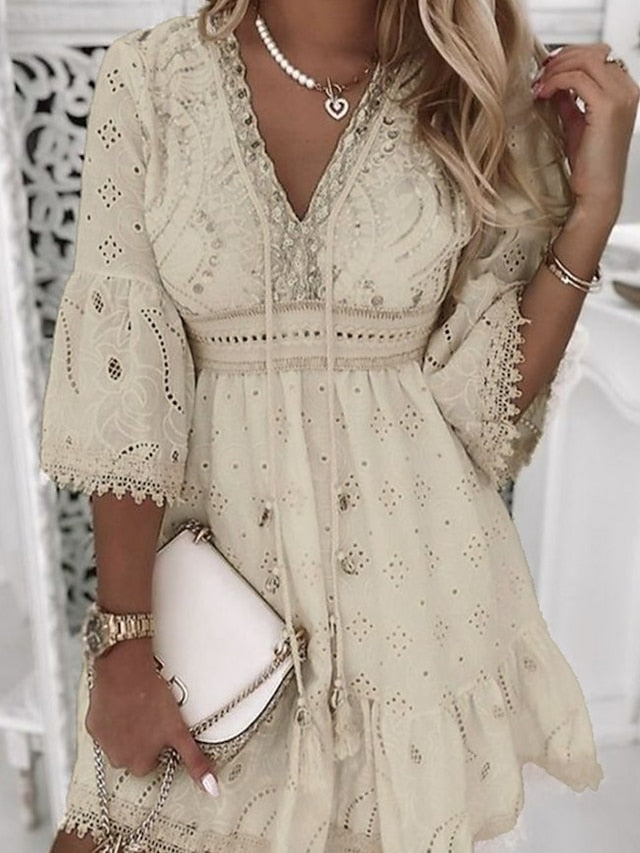 Women's Party Dress Casual Dress Lace Dress Mini Dress White Beige 3/4 Length Sleeve Embroidery Ruched Summer Spring Fall V Neck Fashion Wedding Summer Dress Office S M L XL 2XL 3XL