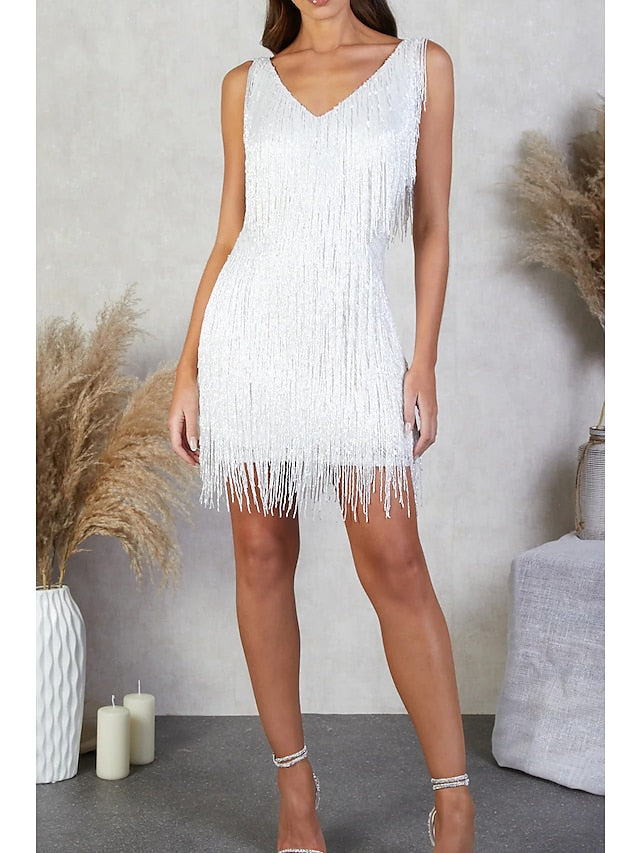 Women's Party Dress Fringe Dress Short Mini Dress White Gold Sleeveless Pure Color Tassel Fringe Spring Summer Spaghetti Strap Party Sexy Gatsby Party S M L XL XXL / Winter